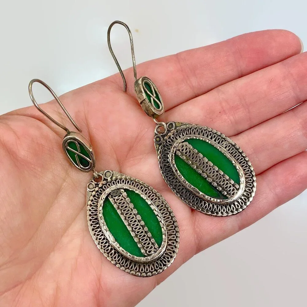 Vintage, Green Earrings, Boho, Afghan, Enameled, Big, 3 1/4